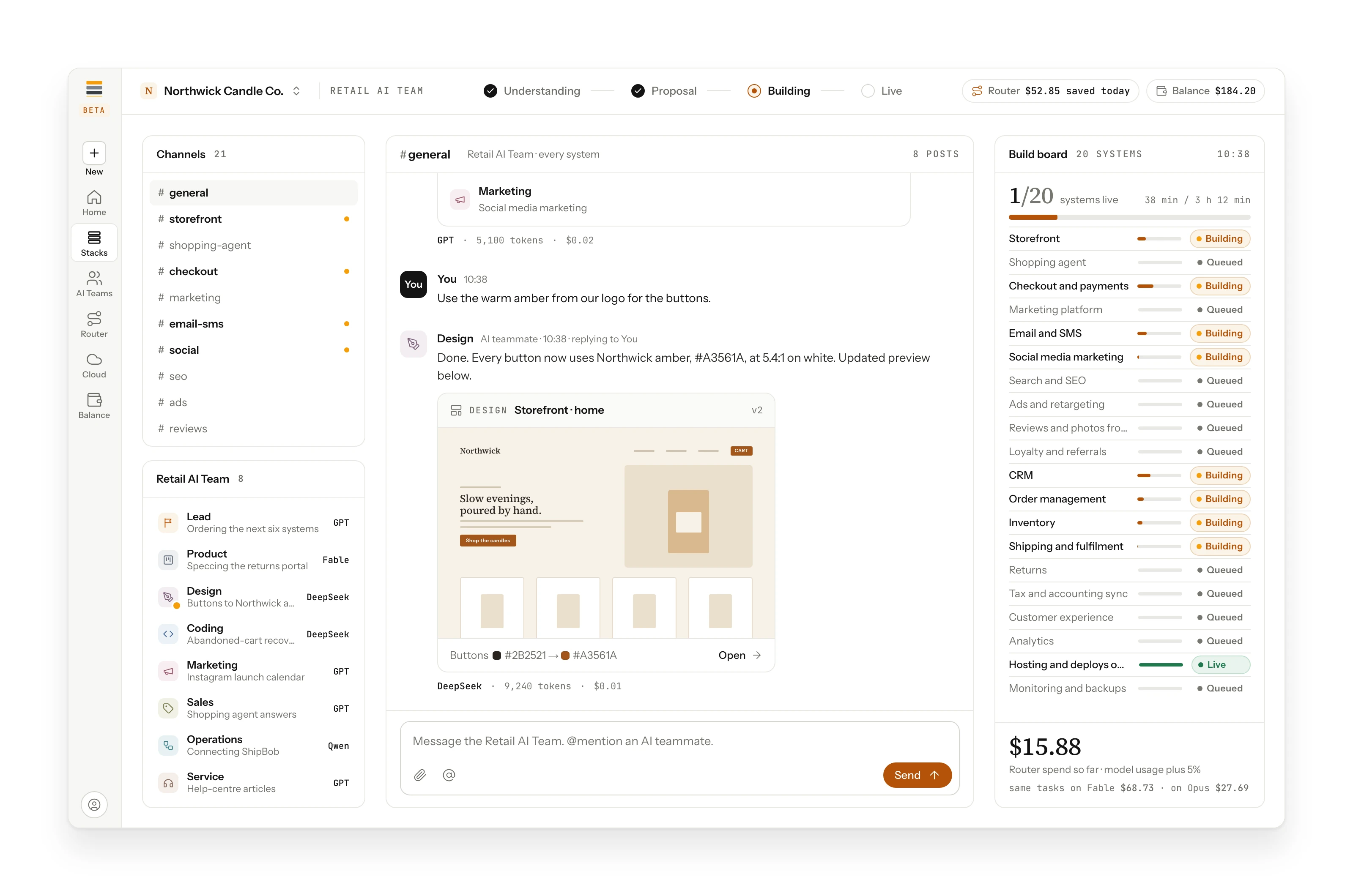 The AI team room for Northwick Candle Co., the example build.